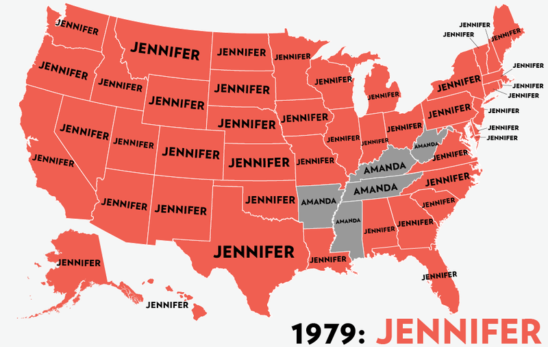 Illustration for article titled Map: Six Decades of the Most Popular Names for Girls, State-by-State